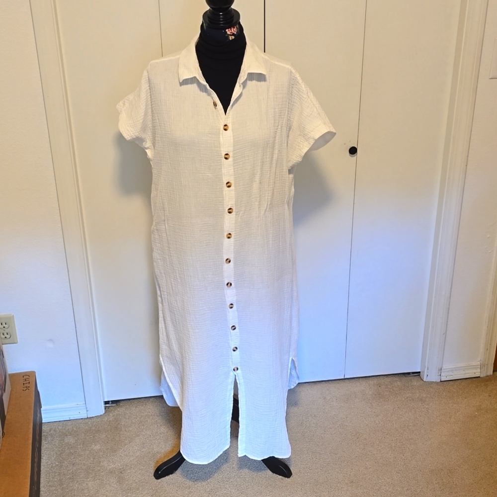 Unbranded White Summer Weight Mid Length Button Up Shirt Dress Size Large